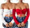 Belriviere Women 2 Pack Crop Tops Sexy Off The Shoulder Long Sleeve Blouse Going Out Nightout Shirt with Front Tied Strap S White Red