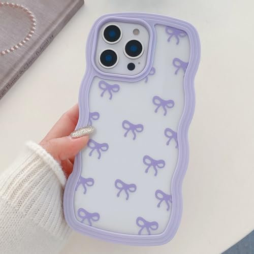 QLTYPRI Bow Case for iPhone 12/iPhone 12 Pro, Clear Cute Ribbon Bow Phone Case Curly Wavy Aesthetic Phone Case, Slim Soft Transparent Shockproof Protective Cover for Women Girls - Purple