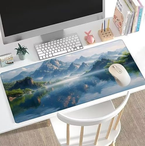 Tapis de Souris Lac Tapis de Souris Gamer XXL 1400x700x3mm Gaming Accessoire, Tapis de Souris Montagne Tapis Souris Résistant à l'eau avec Base en Caoutchouc antidérapant, Deco Bureau Travail W5-410