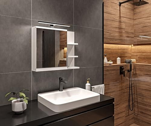 HAJDUK FURNITURE Spiegelschrank Bad mit Beleuchtung 4000 K IP44 60x50x12 cm Weiß Matt Soft-Close-Funktion Hängeschrank Badezimmerschrank Hängend LED Chrom Aufbauleuchte Wandschrank Spiegel Links