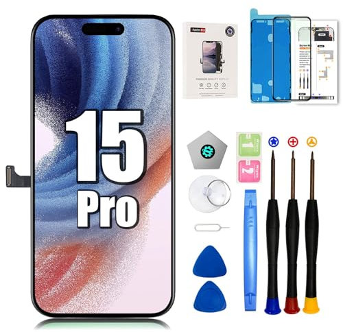 EFAITHFIX Ersatzbildschirm für iPhone 15 Pro 6,1 Zoll LCD 3D Touch Display Full HD Digitizer Rahmen Montage (A2848, A3101, A3102, A3104) mit Reparaturwerkzeug-Set, Displayschutzfolie, wasserdichter