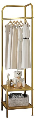 Zstar Eckgarderobenständer aus Metall, 190cm Garderobe mit Kleiderstange, 2 Ablagen, Platzsparend Freistehender Kleiderständer für Kleideraufbewahrung Organisation,Gold