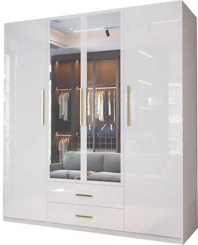 MN Furniture Swiss High Gloss 4 Door Mirror and Hinged Wardrobe with Drawers & Shelves (White)