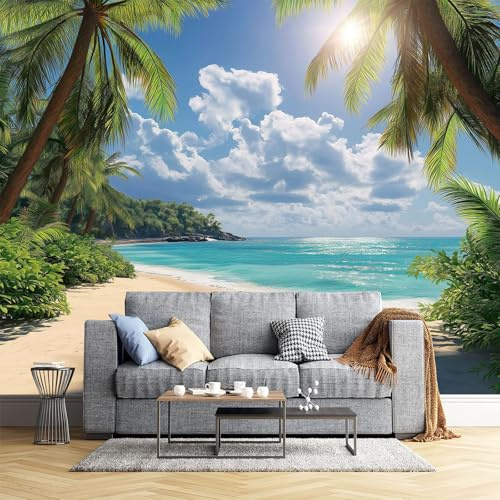 Fototapete Türkisfarbenes Meer Bildtapete Tropische Inseln Seide Wandtapete 3d Effekt Wand Dekoration für Wohnzimmer Schlafzimmer Flur 250x175cm