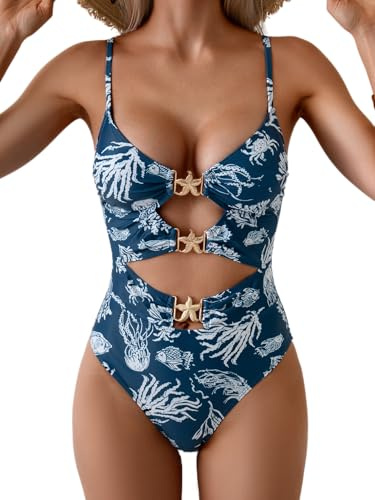Eomenie Sexy One Piece Swimsuit for Women Cutout Monokini Bathing Suit Starfish Beach Resort Swimwear, Navy Blue Print, XXL