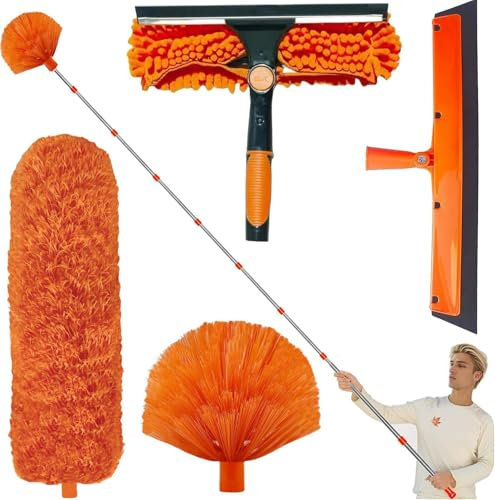 Kit de plumeau Haute portée de 6 m avec Perche télescopique réglable de 1,5 à 4,9 m, Brosse téléscopique de Nettoyage et tête en Microfibre pour Plafond, vitres et Toiles d'araignée