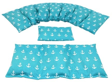 Körnerkissen 3 er Set Langes 67 x 18 cm 7 Kammer + 3 Kammer + kleines Kirschkernkissen Wärmekissen XXL Schulterkissen Nackenkissen Mikrowelle + Backofen (Aqua, Kirschkerne)