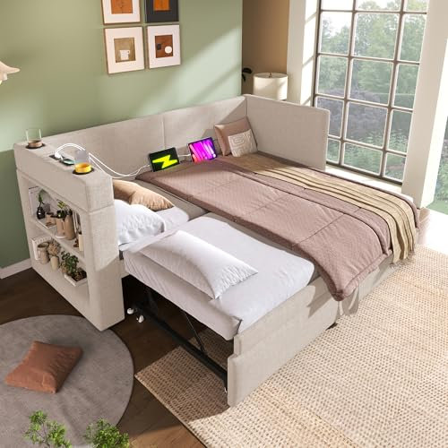 Polsterbett Ausziehbares Bett 90/180x200, Schlafsofa Bett mit Getränkehalter & Ablagefächern & Ladestation,Tagesbett Funktionsbett Bettsofa Gästebett Jugendbett mit Lattenrost, Ohne Matratze, Beige