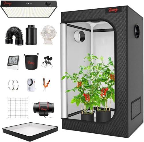 JUNG GrowUP2 Grow Box Komplettset Anbau Set mit 300W LED Vollspektrum Grow Lampe Dimmbar, 120x120x200 cm, mit Ventilator, Abluft Aktivkohlefilter, Growzelt Anzucht Gewächshaus, Grow Tent Complete Set