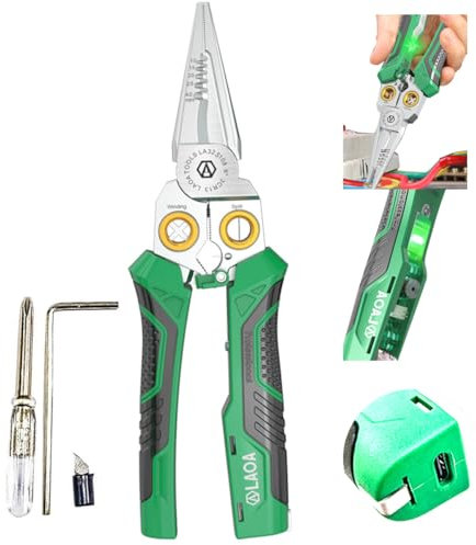 LAOA 8in1 Electrician Pliers,Wire Strippers with Voltage Tester - Rechargeable Stainless Steel Multitool for Wire Strip/Cut/Crimp/Split/Wrap/Slit/Pull
