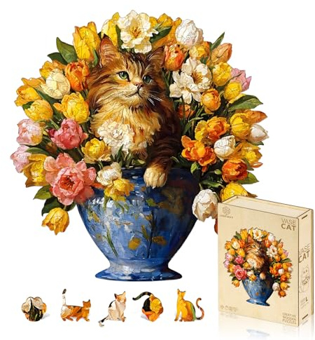 Jigfoxy Vase Cat Wooden Jigsaw Puzzles for Adults, 249pcs Unique Animal Shape Wood Puzzles, Birthday Gifts for Family Friend with wooden box(12.2 * 12.7in)