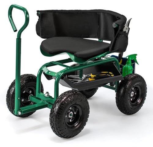 COSTWAY Gartenwagen mit Rollsitz & ausziehbarem Griff, Mobiler Gartensitz mit Ablage & Korb & Werkzeugtasche & Sitzkissen, 360 ° drehbar | höhenverstellbar, Lenkbarer Gartenhocker bis 135 kg (Grün)