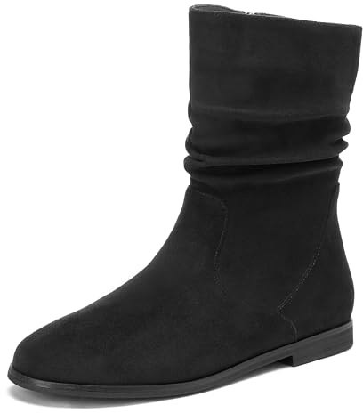 Pixoecuty Black Slouch Ankle Boots For Women Booties For Women Low Heel Flats Mid Calf Zipper ASIAN Size 39