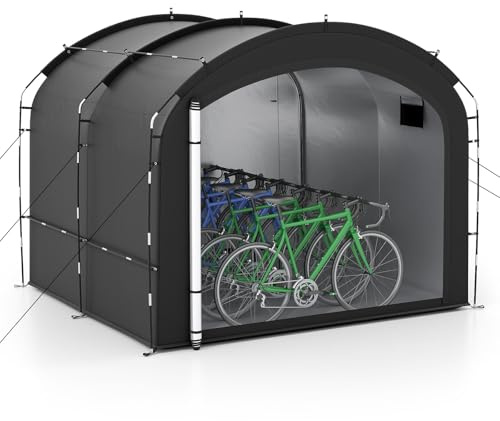COSTWAY Abri de Vélos Imperméable pour 8 Vélos | Tente de Jardin Portable avec Tissu Argenté Porte Zippée Doubles Sac de Transport pour Outils Jouets Motos