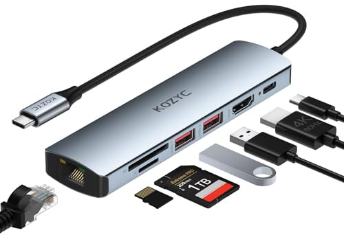 USB C Hub HDMI Ethernet, KOZYC 7 in 1 USB C Hub HDMI 4K @ 60Hz, 1Gbps Ethernet, 100W PD Charging, 2 USB 3.2 Data, SD/TF Card Slots Port, for Laptop, MacBook Pro, iPad, UHDTV, Steam Deck
