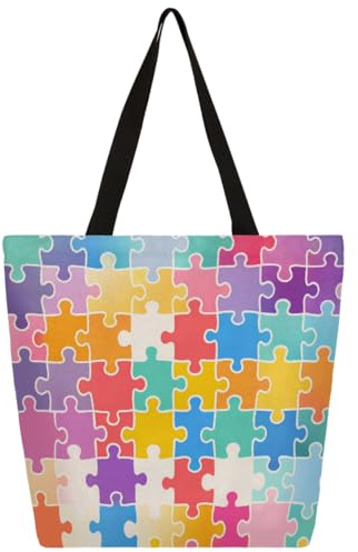 Dusviba Große Canvas-Tragetasche mit Puzzle, buntes Muster, weit offen, wiederverwendbar, Schultertasche mit Innentasche mit Reißverschluss, lässig, Einkaufen, Arbeit, Reisen, Geschenk, Tragetasche