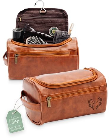 Abenteuernah Kulturtasche Herren personalisiert, Leder Kulturbeutel | Waschtasche zum Aufhängen, Vatertag, Freund, Männer, Geschenke mit Bestickung, Initialen, Kunstleder
