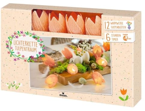 moses. Lichterkette Tulpentraum Apricot– Frühlingshafte Dekolichterkette mit 12 warmweißen LEDs und Timer-Funktion, Tulpen-Deko für Ostern und Frühling