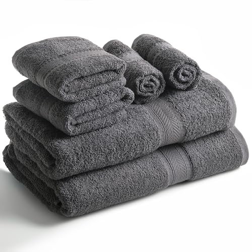 Sweet Needle Lot de 6 Serviettes – 2 Serviettes de Bain, 2 essuie-Mains et 2 Gants de Toilette en Coton, Usage Quotidien, qualité hôtelière, Doux, très Absorbant, séchage Rapide, léger (Charbon)