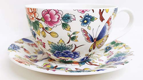 Magic Garden Breakfast Cup & Saucer Fine Bone China Flowers & Butterflies Large Cup Saucer Set Hand Decorated in UK