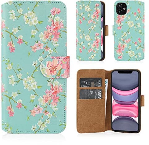32nd Floral Series 2.0 - Design PU Leather Book Wallet Case Cover for Apple iPhone 11 (6.1), Designer Flower Pattern Wallet Style Flip Case With Card Slots - Spring Blue