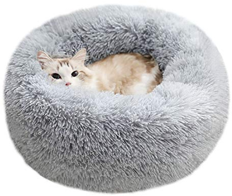 BODISEINT Modern Soft Plush Round Pet Bed for Cats or Small Dogs, Mini Medium Sized Dog Cat Bed Self Warming Autumn Winter Indoor Snooze Sleeping Cozy Kitty Teddy Kennel (M(23.6”Dx7.9 H), Light Grey)