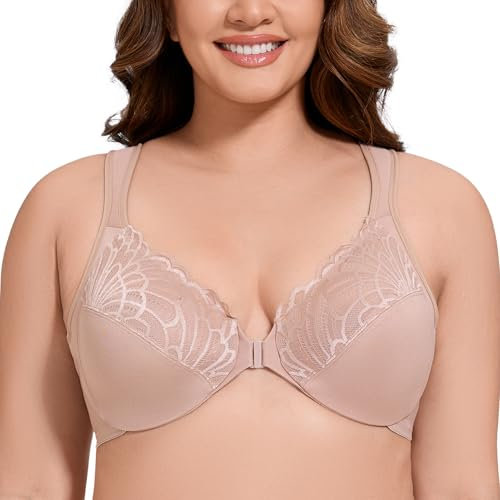 MELENECA Front Fastening Bras for Women Plus Size Underwire Unlined Lace Cup Cushion Strap Beige 44DD