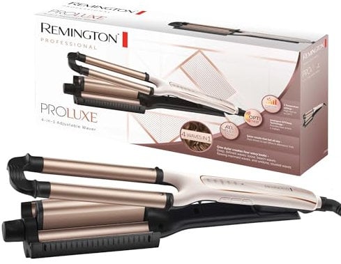 Remington Ferro Arricciacapelli - Vincitore del Magazine test - ProLuxe 4 in 1: onde da spiaggia, onde naturali, onde d'acqua, onde da sirena; Display digitale, Temp. fino a 210° C, Multistyler CI91AW