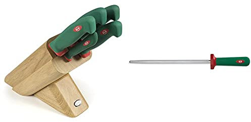 Sanelli 931605 Ceppo Coltelli Leck, Legno, Verde/Rosso, 5 unità & Premana Professional Acciaino, Acciaio Inossidabile, Verde/Rosso, 30 cm