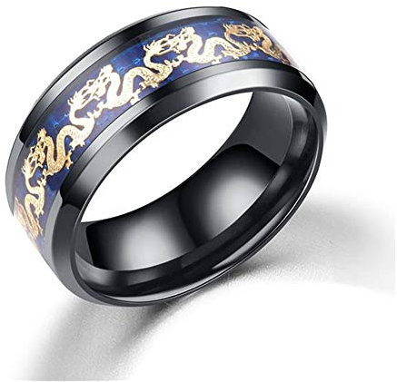 BlackAmazement 316 Edelstahl Carbon Ring Drache Lucky Dragon 8mm Gold blau schwarz Damen Herren (Black, 55 (17.5))