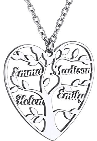 Collier Personnalise 4 Prenoms des Enfants Cadeau Maman Pendentif Femme Coeur Arbre de Vie Généalogique Famille Fêtes des Mères Chaine Forcat Acier 50 cm Bijoux Anniversaire Mariage Meilleur Amie