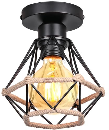 PETITES ECREVISSES Lampada da Soffitto E27 Industriale Plafoniera Vintage Lampadario a Sospensione Nero Retro Corda di Canapa Illuminazione 16CM interna per Cucina Salotto (Plafoniere - 1 pezzo)