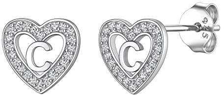 Suplight Boucles d’Oreilles Initiale C Argent 925 Bijoux pour Femmes Filles 26 Lettres Coeur Ajourées avec Zircons Cadeau Anniversaire