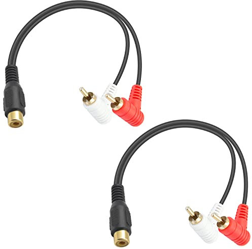 Duttek Short RCA Y Splitter Cable 8In/20cm, 90 Degree Righter Anglet 1 Female to 2 Male RCA Splitter Cable Bi-Directional for Subwoofer, TV, DVD, Amplifier 2 Pack