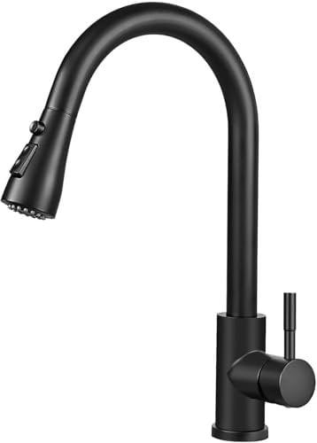Wasserhahn Küche Schwarz, Hochdruck Küchenarmatur Ausziehbar 360° Schwenkbar, Einhebel Spültischarmatur mit Brause 3 Modus, Hohe Bogen Mischbatterie Küche, Armatur Küche Edelstahl, Schwarz Matt