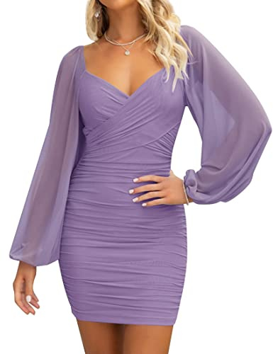 ZESICA Damen Sexy V-Ausschnitt Gerafft Bodycon Minikleid Puff Langarm Cocktail Hochzeit Party Kurze Kleider