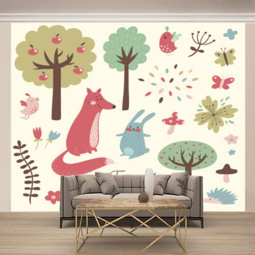 Waldbäume, Vögel Und Blumen Tapeten, Pastellfarben Tiere Tapete für Wand, Wandbild Dekoration - für Zimmer Küchen die Mauer 430 x 300 cm