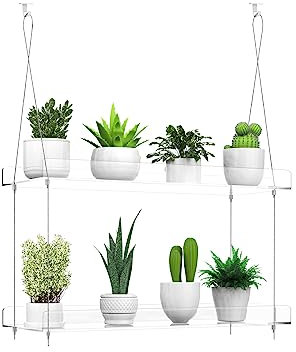 Estantes colgantes transparentes para plantas, estante acrílico de 2 niveles para ventana de cocina, jardines interiores, flores, suculentas, hierbas, organización de plántulas y exhibición de macetas