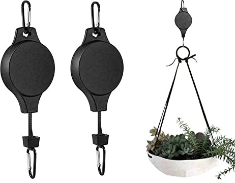Ailovone Pflanzenrollen Haken Pflanzen Einziehbarer Haken Verstellbarer Pflanzenhaken flaschenzug für blumenampel Aufhängung Pflanzenlift für Hängekörbe, Töpfe & Vogelfutterstation (Schwarz-2PCS)