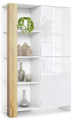 Vladon Highboard Canto, Made in Germany, hoher Schrank mit 2 Türen und 8 Fächern, Korpus Weiß matt, Fronten Weiß Hochglanz, Dekor-Paneele Eiche Natur (95 x 151,5 x 36 cm)