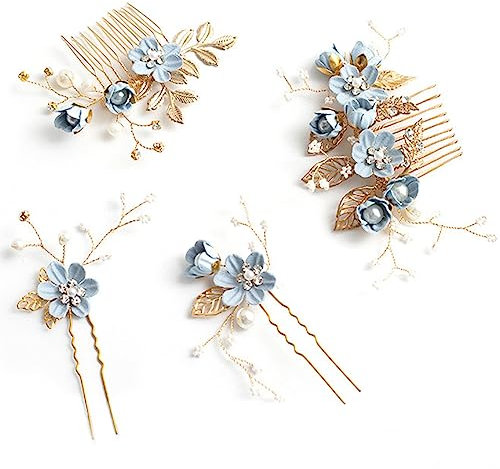 4 Stücke Haltbarer Haarkamm Hochzeit, Haarschmuck Braut Blumen, Kristalle Stirnband dekorative Braut, Brautschmuck Haarkamm Haarspange, für Kommunion MäDchen Braut Brautjungfer (Blau)
