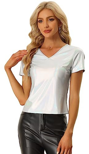 Allegra K Damen Metallic Shirt V-Ausschnitt Party Club Glänzend Oberteile Bluse Silber M