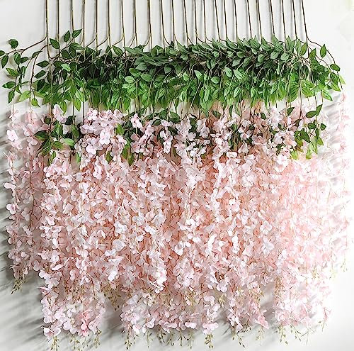 12 Packs Artificial Wisteria Flowers Vine Fake Wisteria Garland Flower Garlands Artificial Hanging Flowers for Decoration Garden Party Outdoor Wedding Decoration (Pink-Dense)