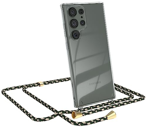 EAZY CASE - Handykette kompatibel mit Samsung Galaxy S23 Ultra Kette zum Umhängen für Samsung Galaxy S23 Ultra Hülle mit Band aus Silikon transparente Handyhülle als Fallschutz in Grün Camouflage