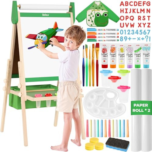 Belleur All-in-One Staffelei für Kinder mit 2 Papierrollen, Deluxe-Zubehör, Verstellbares Magnetisches Doppelseitiges Kindertafel mit Kreide und Magnet, Tafel für Kinder 2-8 Jahren