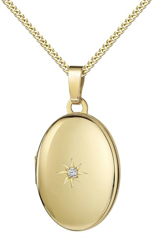 Medaillon Set Gold 585 14 Karat mit Zirkonia für 2 Bilder Foto Amulett Anhänger oval zum Öffnen für Damen + Schmuck-Etui und Halskette Mit Amulettkette 925 Silber vergoldet - Kettenlänge 45 cm.