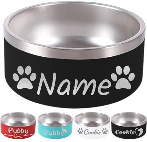 64OZ Personalised Dog Bowl Laser Engraved Custom Pet Name 32/42/64 oz No Slip Stainless Steel Insulated Bite-resistant Food Water Dishes-Black
