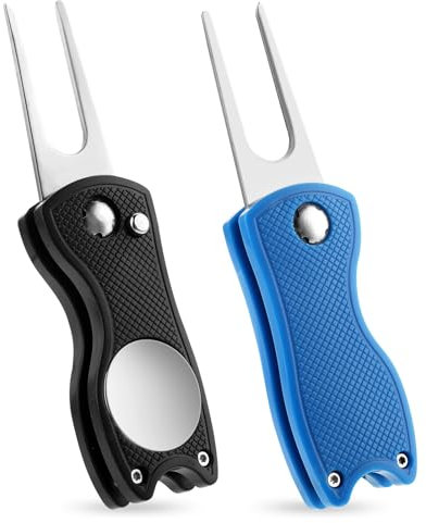 TIESOME Foldable Golf Divot Repair Tool with Magnetic Putt Alignment Ball Marker, 2 Pack Stainless Steel Golf Accessories Metal Green Tool Pop-up Fork Tine with Sturdy Aluminum Alloy Handle