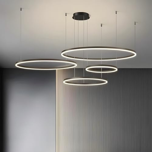 YYUTLUO Moderner DIY-Kreis-LED-Kronleuchter | 4 Schwarz Goldringe:20+40+60+80cm=100W| LED-Pendelleuchte aus Metall+Acryl |2,4 G Dimmbare Fernbedienung | Runde Decken-Hängelampe Wohnzimmer Schlafzimmer