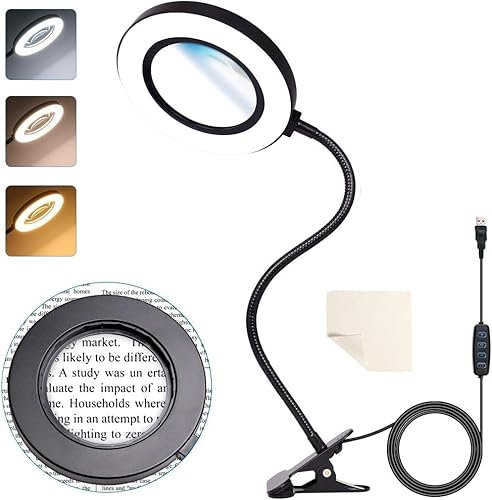 Schreibtisch Lupe mit Licht 6X, 72 LEDs und 3 einstellbaren Farben. Leselupe für Bücher,4.1 Real Glass Lens, USB Powered, ideal für Arbeit, Lesen, Hobbys, Nähen und Basteln